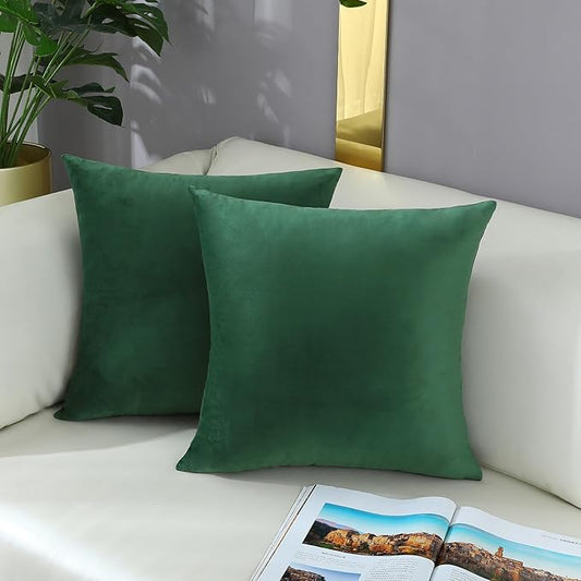 mixeoo Comfy Hunter Green Throw Pillow Covers Christmas Decorative Square Solid Velvet Super Soft Cushion Cases Home Decor for Sofa Couch Living Room, Set of 2, 16 x 16 Inch