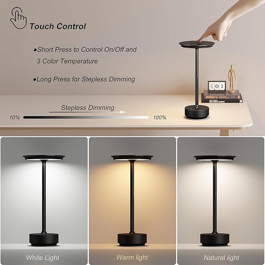 1 Pack Rechargeable Table Lamps Cordless, Portable 5000mAh Outdoor Table Light, 3 Color Stepless Dimming LED Table Lamp with Memory Function, for Home/Dinner/Patio/Restaurant.(Diamond Black)