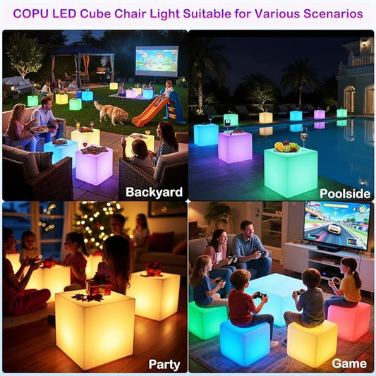 16-inch LED Cube Light, Rechargeable Cube Light Table w/Remote, 16 Colors Dimmable Glow Lamp Chair, Waterproof Glowing LED Furniture Side Seat Mood Lighting for Home Party Patio Decor