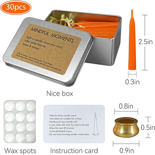 Mini Taper Candle Meditation Candles,Orange 20 Minute Prayer Candlestick Dripless Beeswax Candles with Brass Candle Holder for Yoga & Spiritual Rituals,30-ORA