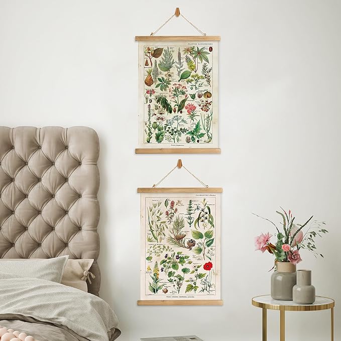 XIAOAIKA 2 Pack Vintage Plants Poster Hanger Frame, Retro Style Wall Decor Art Painting, Patterns are Printed on Linen Without Fading, Scrolls Made of Fir are Durable (16 x 23 inch)