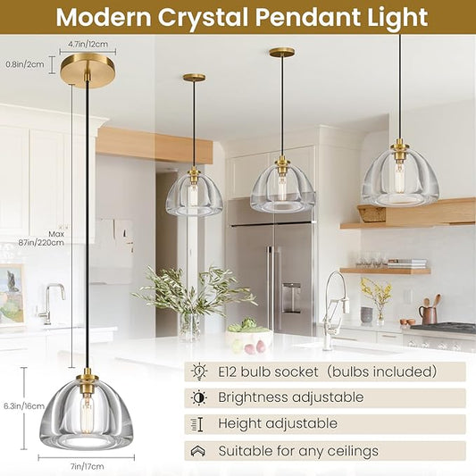 Crystal Pendant Light Kitchen Island: 7" Dimmable Vintage Brass Hanging Lights above Dining Table - Modern K9 Crystals Lighting - Luxury Gold Hemispher Pendants Light Fixtures 3000K E12 Bulbs Included