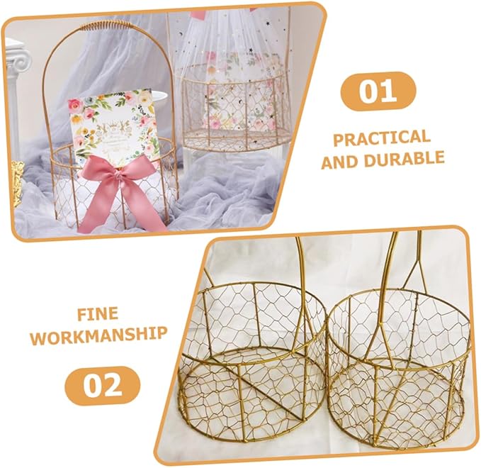 Zerodeko Decorative Iron Wire Basket with Handle Round Storage Basket for Wedding Home Organization Flower Girl Fruits and Elegant