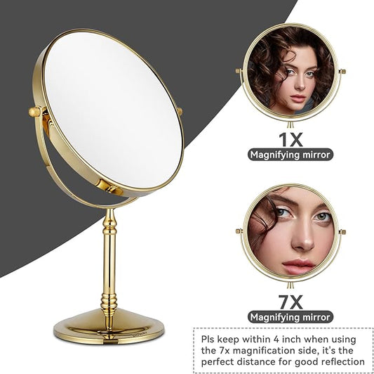 DOWRY 8-Inch Tabletop Two-Sided Swivel Vanity Mirror with 7X Magnification Gifts for Women Wife Mom Teengirls Gold Finish (7X)