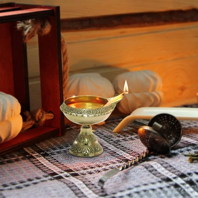Shubhkart Premium Handmade Brass Diya with Kuber Stand Artisanal Oil Lamp for Elegant Home Décor, Prayer Rooms, Yoga, Festive Ceremonies & Gifting with Long-Lasting Shine and Handcrafted Detailing