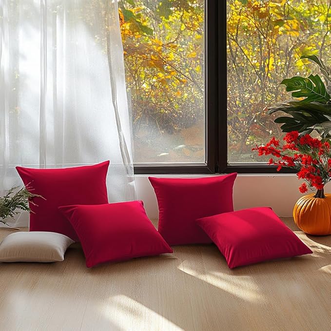 QUORGVES Red Velvet Pillow Covers 18x18 Inch Set of 2, Soft Solid Decorative Square Throw Pillow Covers, Decor Cushion Covers for Bed Sofa Couch Bedroom Living Room