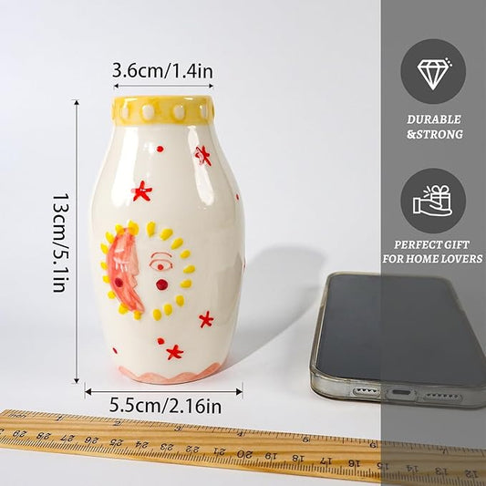 Cute Boho Small Cream Ceramic Bud Vase, Sun and Moon Round Decorative Vase for Dried Flowers/Single Rose/Pampas Grass, Modern Table Vase for Entryway Dining Coffee Table, Unique Home Gift