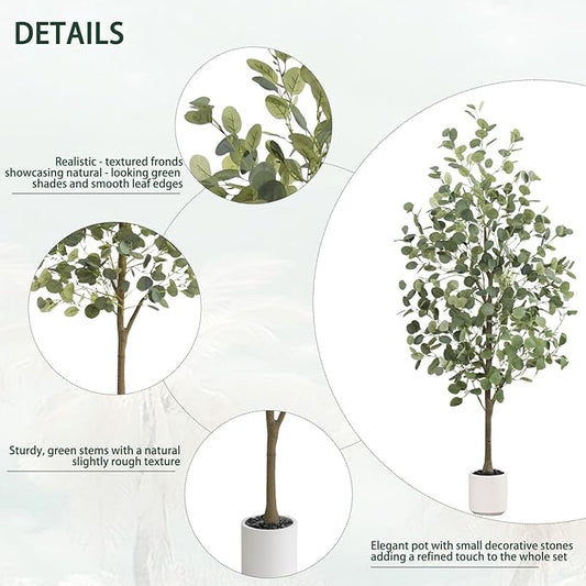 Faux Eucalyptus Tree 5FT Tall Artificial Eucalyptus Tree Indoor Outdoor, Fake Eucalyptus Plant with Green Silver Dollars Silk Leave, Fake Floor Plants, Present for Friend Housewarming Decor