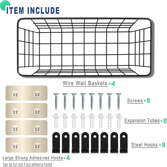4 Pack Hanging Wall Basket Wire Storage Baskets, Adhesive Basket for Cabinet Door Organizer(2 Wall Mounting Options), Hanging Fruit Baskets for Kitchen, Pantry Organization, Bathroom, Black