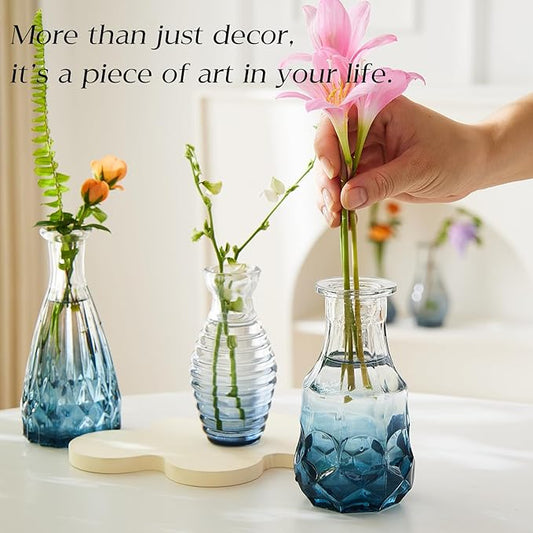 Glass Bud Vase Set of 20 - Small Vases for Flowers in Bulk - Assorted Vintage Crystal Vases for Flowers, Table Centerpieces (Blue, 20 Pcs)