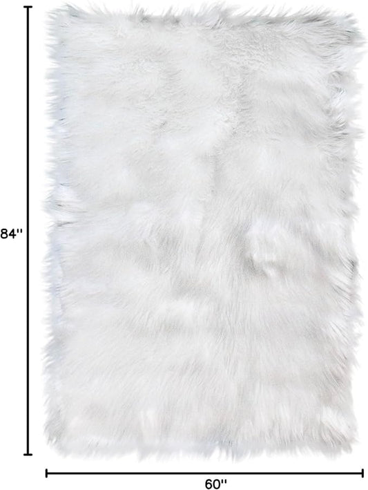 Super Area Rugs 5X7 White Shaggy Rug for Bedroom - Faux Fur Fluffy Carpet - Bright White Color for Living Room - Machine Washable Easy Care & Soft Feel