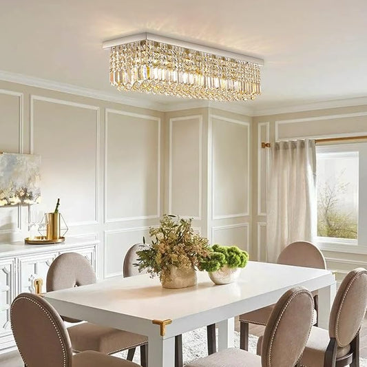 Siljoy Modern Crystal Chandelier 6-Lights Rectangular Flush Mount Pendant Ceiling Light Fixture Rectangle K9 Crystal Raindrop Chandelier for Dining Living Room Kitchen Island L31.5'' x W10'' x H10'