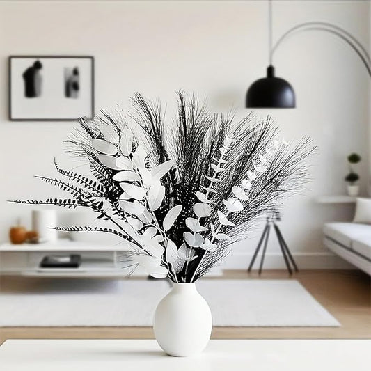 Modern Artificial Flower Arrangement, 17-Inch Black and white Faux Eucalyptus and Grass Bouquet, Minimalist Nordic Home Decor, Suitable for Fireplaces, Dining Tables, offices, (Vase Not Included)