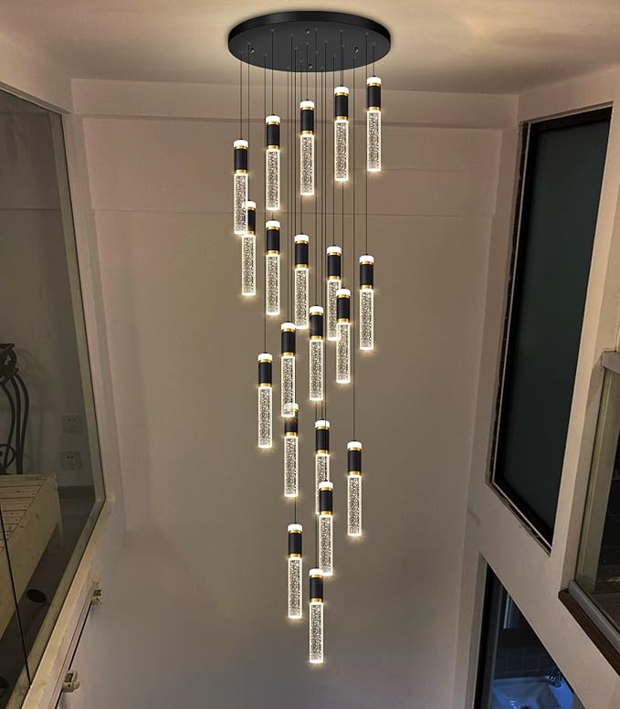 Modern Crystal Chandelier for Staircase Large High Ceiling Chandeliers Spiral Dimmable Hanging Light Fixture Flush Mount Bubble Pendant Lighting for Foyer Entryway Hallway