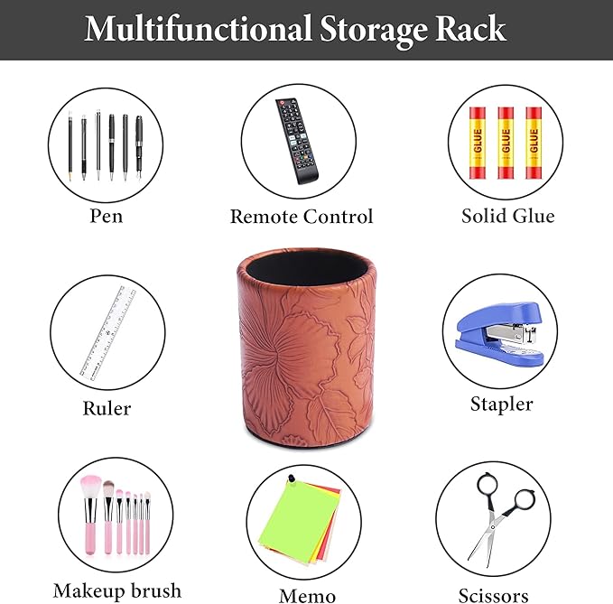 PU Leather Pen Holder Round Flash Makeup Brush Holder Desktop Pencil Storage Holder Gift for Desk Office Classroom Home(1-Carved Brown)
