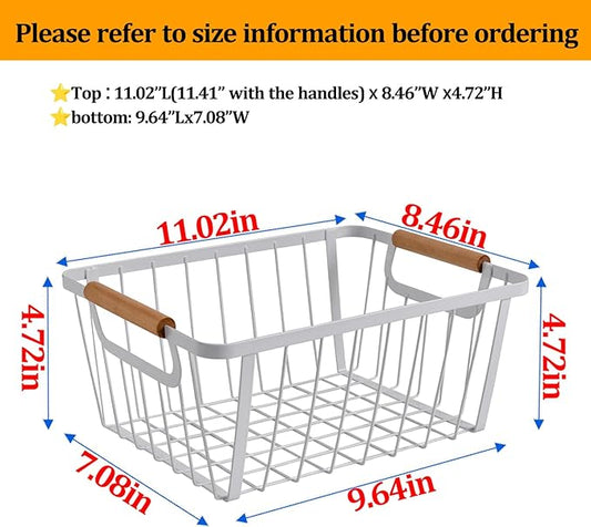 White wire baskets for organizing with Wooden Handle,Metal Wire Storage Baskets Country Vintage Style Snack Baskets. pantry organizers and storage,Kitchen,Bedroom,Bathroom,White,Set of 2