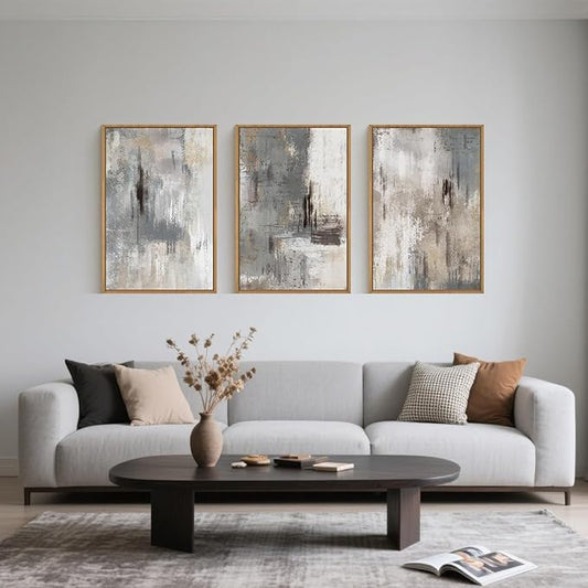 Large Abstract Grey and Beige Framed Canvas Wall Art,Neutral Brush Stroke Wall Decor,Natural Modern Color Block Artwork,Minimalist Nordic Art Print for Living Room,Bedroom,Office- 16"x24"x3