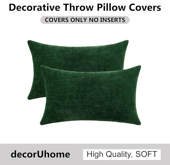 decorUhome Chenille Christmas Green Throw Pillow Covers 12x20 Inch Set of 2, Decorative Soft Couch Pillow Covers Solid Dyed Accent Farmhouse Neutral Rectangle Pillow Cases for Sofa