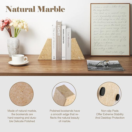 Marble Bookend for Heavy Books, Decorative Bookends for Shelves, Durable and Heavy-Duty Book End for Hardback Book & CDS, Unique Book Stopper & Holder, Pearlly Yellow, Set of 2