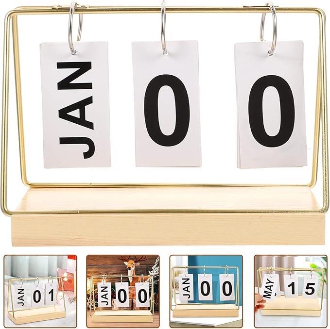 Perpetual Flip Calendar 2023 Wood Block Daily Calendar Metal Flip Christmas Countdown for Farmhouse Office Wedding Desktop Decor Golden