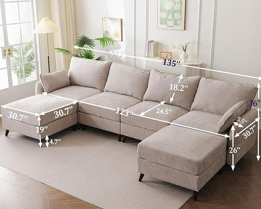 135'' Modular Sectional Sofa with Seats Storage, Oversized U Shaped Couch for Living Room,4-Seater Comfy Cloud Couches with Deep Seat,Movable Ottoman,2 Throw Pillow,Chenille,Khaki