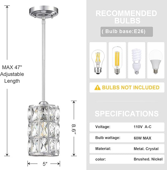 3 Pack 1 Light Hanging Kitchen Island 5" Crystal Pendant Light Modern Pendant Light Fixture Brushed Nickel Finish with Crystal Shade for Bar,Dining Room,Corridor,Living Room Over Sink