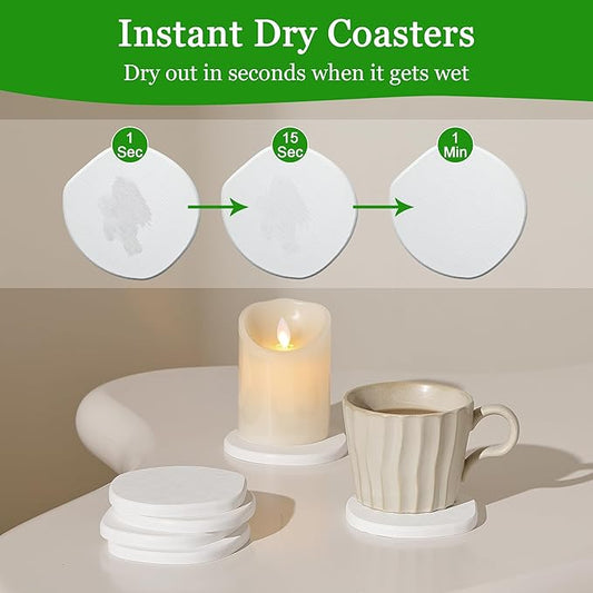 Diatomaceous Earth Coasters Set of 2 for Drinks, Moisture Water Absorbent Stone Coasters for Table Desk at Work, Water Absorbing Instant Drying Diatomite, Modern White