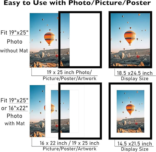 19x25 Picture Frame with 16x22 Mat Set of 2, Display Photo 16x22 with Mat or 19 x 25 Without Mat, Wall Hanging Large 19 by 25 Poster Frame with Plexiglass, 2 Pack, Black