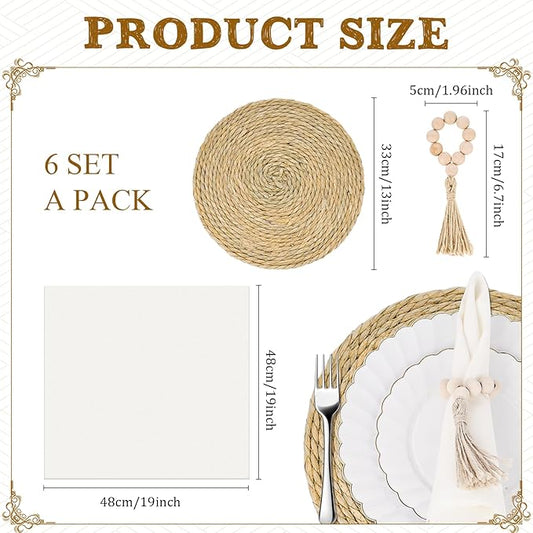 18 Pcs Boho Woven Placemats, Wood Bead Napkin Rings, and Dinner Cloth Napkins Set, 13" Handmade Round Wicker Farmhouse Rustic Placemats, Rattan Chargers for Dinner Plates for Thanksgiving Table Decor