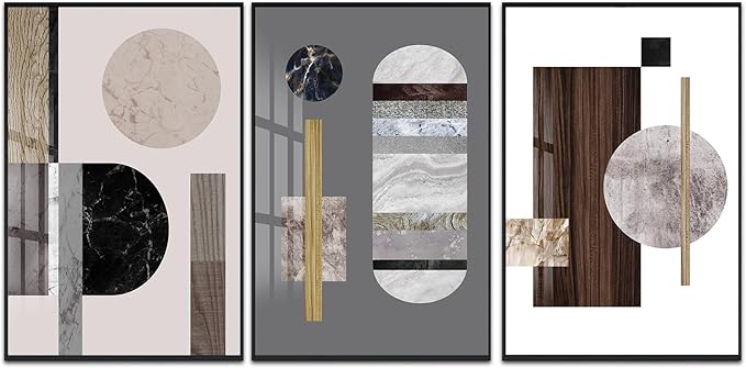 QKF Bright Extra Large Framed Canvas Wall Art For Living Room Wall Decor Home Modern Abstract Prints Large wall pictures geometric round square Wood Grain Brown(24"X32"X3 pieces)