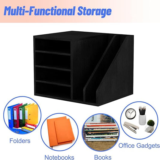 Wood Desk Organizer File Holder, Wooden Mail Organizer Countertop with Adjustable Compartments, Desktop File Organizer Paper Sorter for Home, Office and School, Envelope Organizer, Black