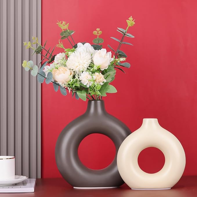 Brown and Cream Vase Decor Donut Vase Set of 2 - Circle Hollow Vases, Modern Matte Ceramic Vases for Entryway Living Room Bedroom Dining Table Centerpiece Office Home Decor