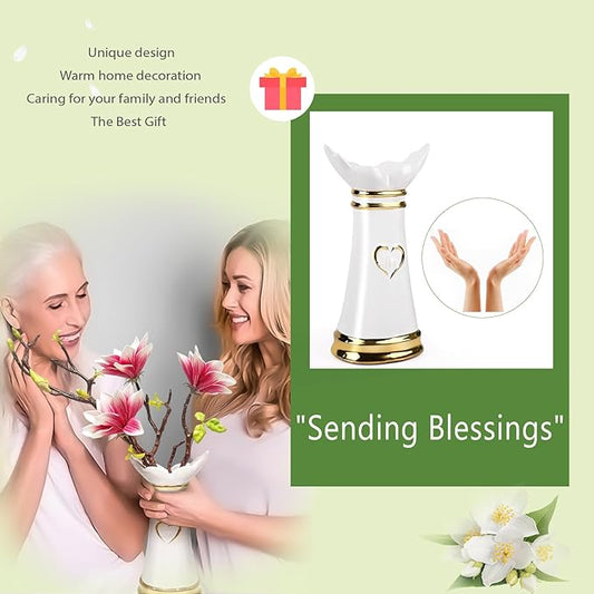 LoveLin Artificial Flowers Pink with Ceramic Vase - Ready-to-Display Home Decor Indoor for Living Room, Dining Table, Office, Wedding & Housewarming, Magnolia Flower & White Vase