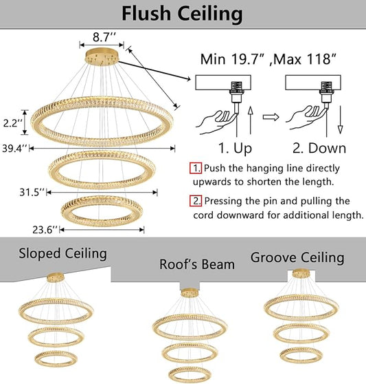 3 Rings Modern LED Chandelier Crystal Dimmable Large Foyer Chanderliers Entryway High Ceiling for Staircase Pendant Lights for Living Room Gold Light