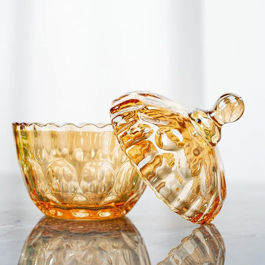 kanpura 11.5OZ Glass Candy Dish with Lid Candy Jars with lid Decorative Glass Storage Jar Cookie Jar with Lids for Office Desk Coffee Table Buffet Decor (Amber)