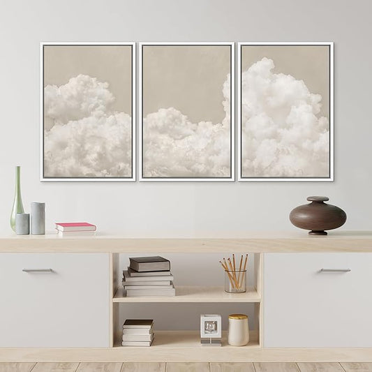 MUDECOR Framed Wall Art Print Set Serene Sky Filled with Fluffy Clouds Illustrations Modern Art Decorative Colorful for Living Room, Bedroom, Office - 24"x36"x3 White