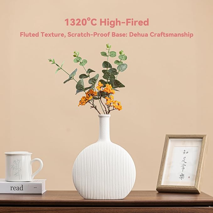 White Ceramic Vase with Vertical Fluted Texture - 9.8" Unique Flower Vase for Pampas Grass & Centerpieces, Decorative Boho/Farmhouse Vase for Living Room, Office Desk & Gift for Her/Yourself