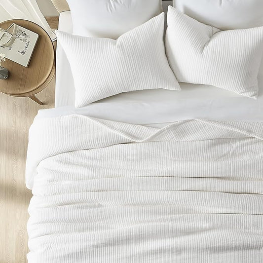 EVERGRACEHOME Cotton Gauze Full Queen Bedspread, Ultra Soft Prewashed Pick Stitch Matelassé Coverlet, Lightweight Textured Oversized Queen Quilt Bedding Set for All Season, with 2 Shams, Ivory White