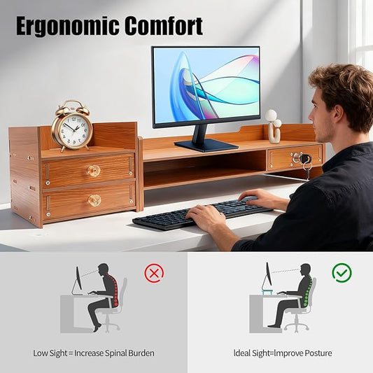 Wood Monitor Stand Riser with 3 Drawers & Lockable Storage – Desktop Organizer for Computer, Laptop, and Office Supplies, Ergonomic Monitor Stand for Desk, Workspace Organizers & Accessories