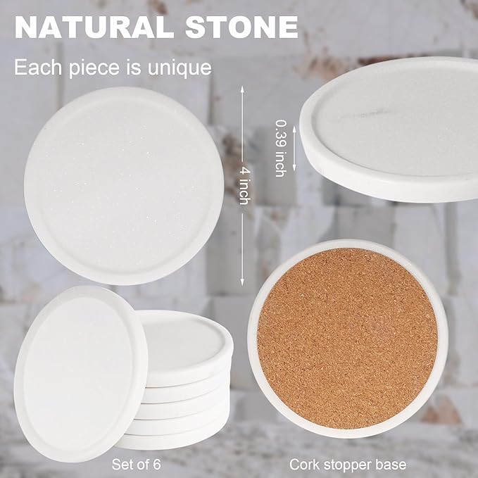 White Marble Coasters Raised Edges- Designer Drink Coasters - Large Coasters for Coffee Table, Kitchen, Bar, Dinning - Generous 4" Wide Set of (6)