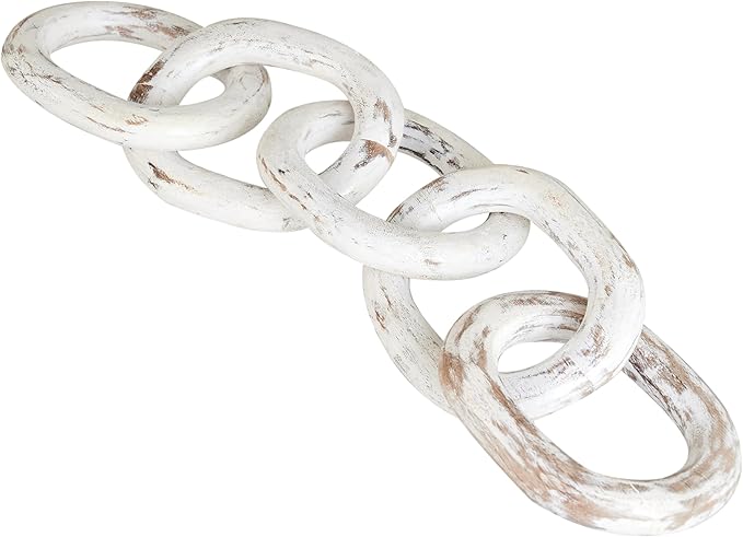 Housewarming Gifts Wood Chain Link Decor Hand Carved 5-Link Wood Knot Decorative Chain, Rustic Decorative Object Large Wooden Chain for Home Living Room Coffee Table Farmhouse 16 x 4 x 2 (White)