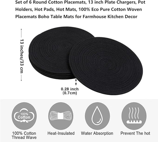 6pcs Round Woven Placemats, 13.8 inches Black Place Mats Cotton Pot Holders Wicker Tablemats Boho Braided Heat Resistant Mats, Woven Plate Chargers for Party Table Decoration