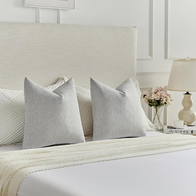 FUTEI Light Grey Chenille Decorative Throw Pillow Covers 16x16 Inch Set of 2,Soft Cozy Faux Linen Textured Cushion Case,Farmhouse Home Decor for Couch Living Room