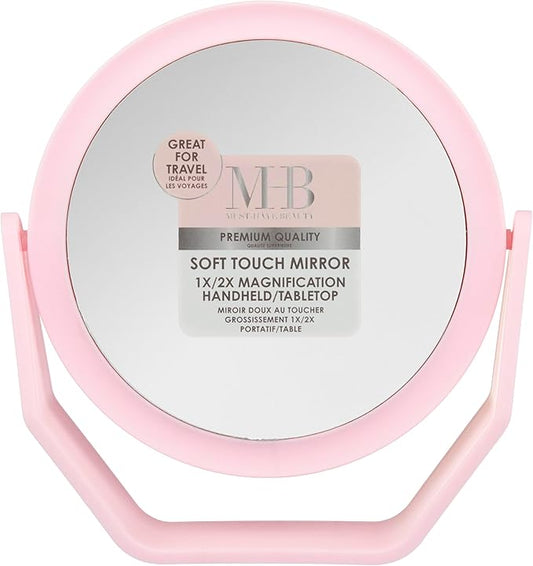 EXPRESSIONS Premium Soft Touch Rotating Mirror with 1x/2x Magnification - Round Pink Vanity Mirror, Handheld or Tabletop Mirror Magnification Makeup Mirror, Small Desk Mirror or Travel Mirror