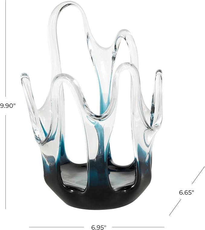 Deco 79 Glass Abstract Decorative Vase Ombre Centerpiece Vase with Wavy Oval Cutouts, Flower Vase for Home Decoration 7" x 7" x 10", Blue
