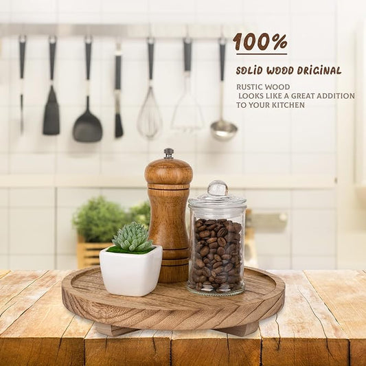 Round Decorative Tray Wood Bathroom Counter Organizer Farmhouse Kitchen Decor Wooden Riser for Soap Dish, Perfume, Candle, Sponge, 9" - Brown