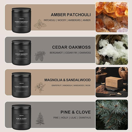 Candle Gift Set for Men – 4 Pack Soy Candles with Cedar Oakmoss, Pine & Clove, Amber Patchouli, Sandalwood – Masculine Scented Candles for Home, Valentine's Day Gift for Him