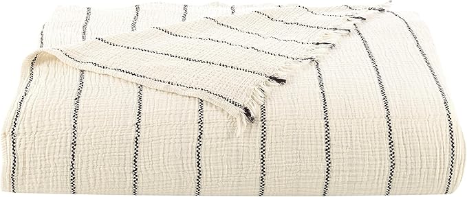 Bohemian 4 Layers Gauze Lightweight Throws,Cotton Muslin Throw Blanket,Breathable Coverlet, 4 Layer Bed Cover (Beige with Black Pinstripe, Oversized 100 x120 inches)