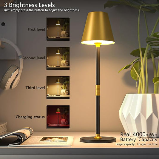 1-Pack Cordless Table Lamps - 5000mAh Rechargeable Battery Operated Desk Lamp, 3-Level Dimmable LED Night Light for Bedroom, Dining, Restaurant - Metal Design(Gold&Black-1Pack)