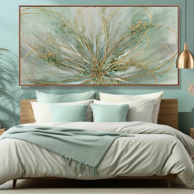 YJYart Abstract Gold Line Wall Art – Green Canvas, 36"x70" | Oversized Bedroom & Dining Room Decor